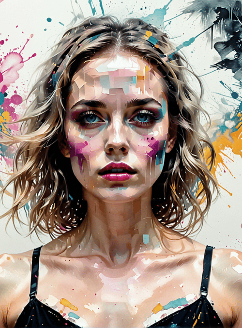 woman, paint, splatter, art, feathers