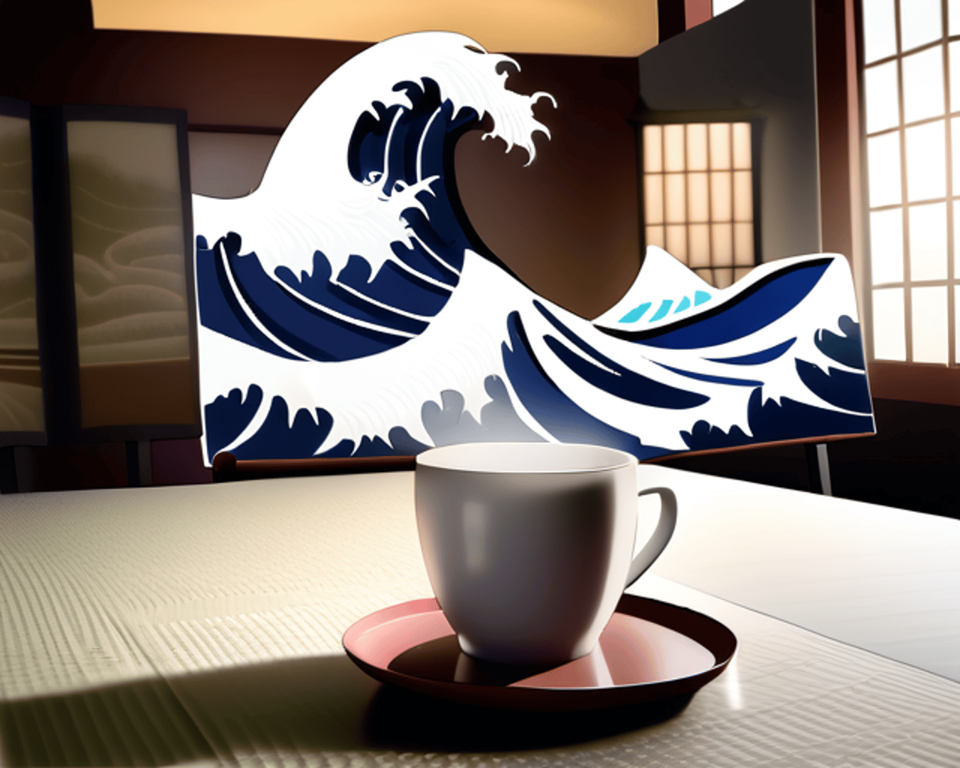 AI generated wallpaper featuring wave, cup, tray