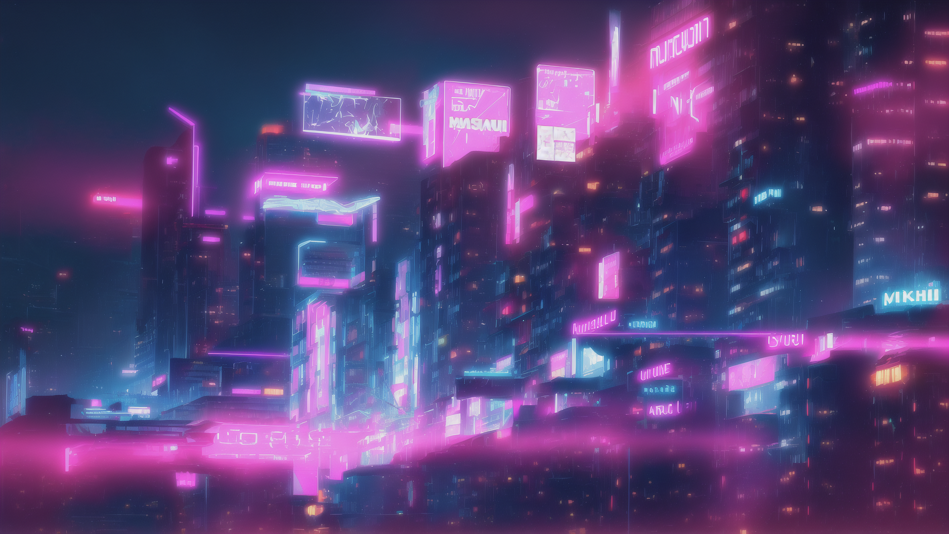 AI generated wallpaper featuring cityscape, neon signs, buildings