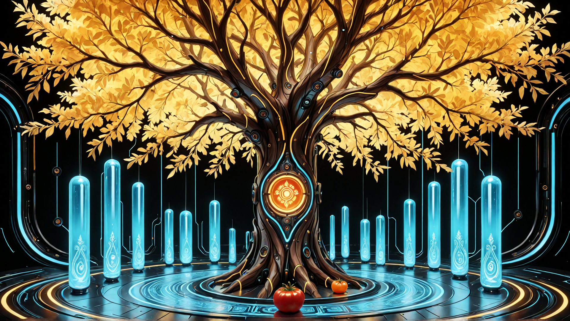 AI generated wallpaper featuring tree, tomato, test tubes, circles, leaves, symbol, circuit