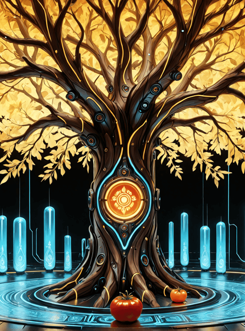 tree, tomato, test tubes, circles, leaves, symbol, circuit