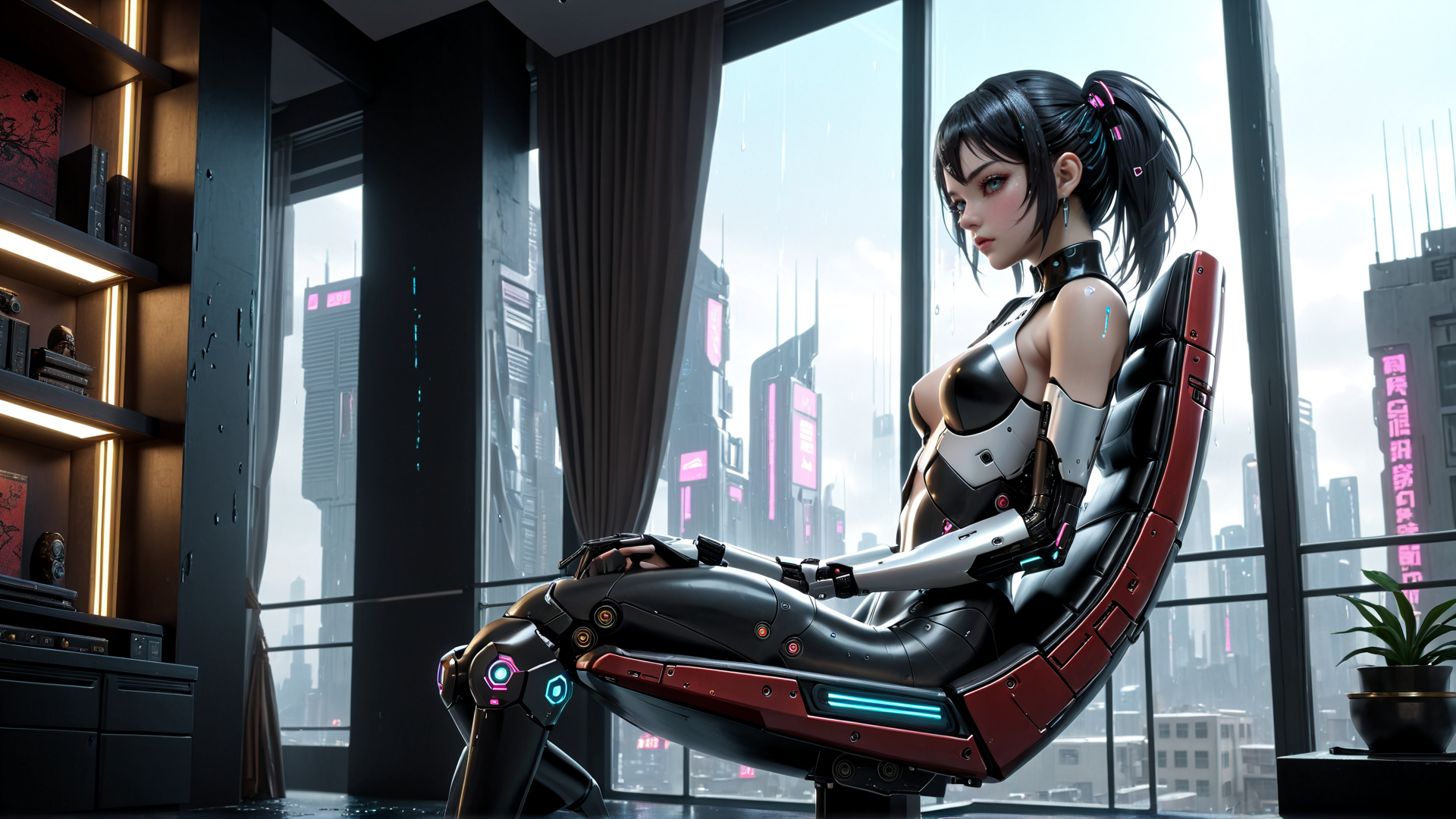 AI generated wallpaper featuring cybernetic woman, robot, chair