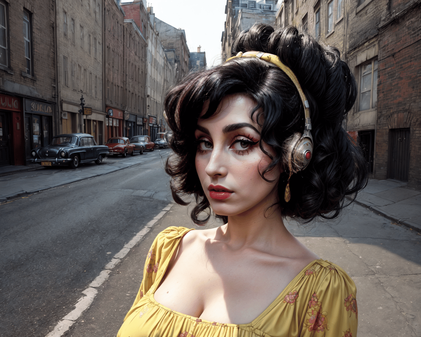 AI generated wallpaper featuring woman, street, headphones