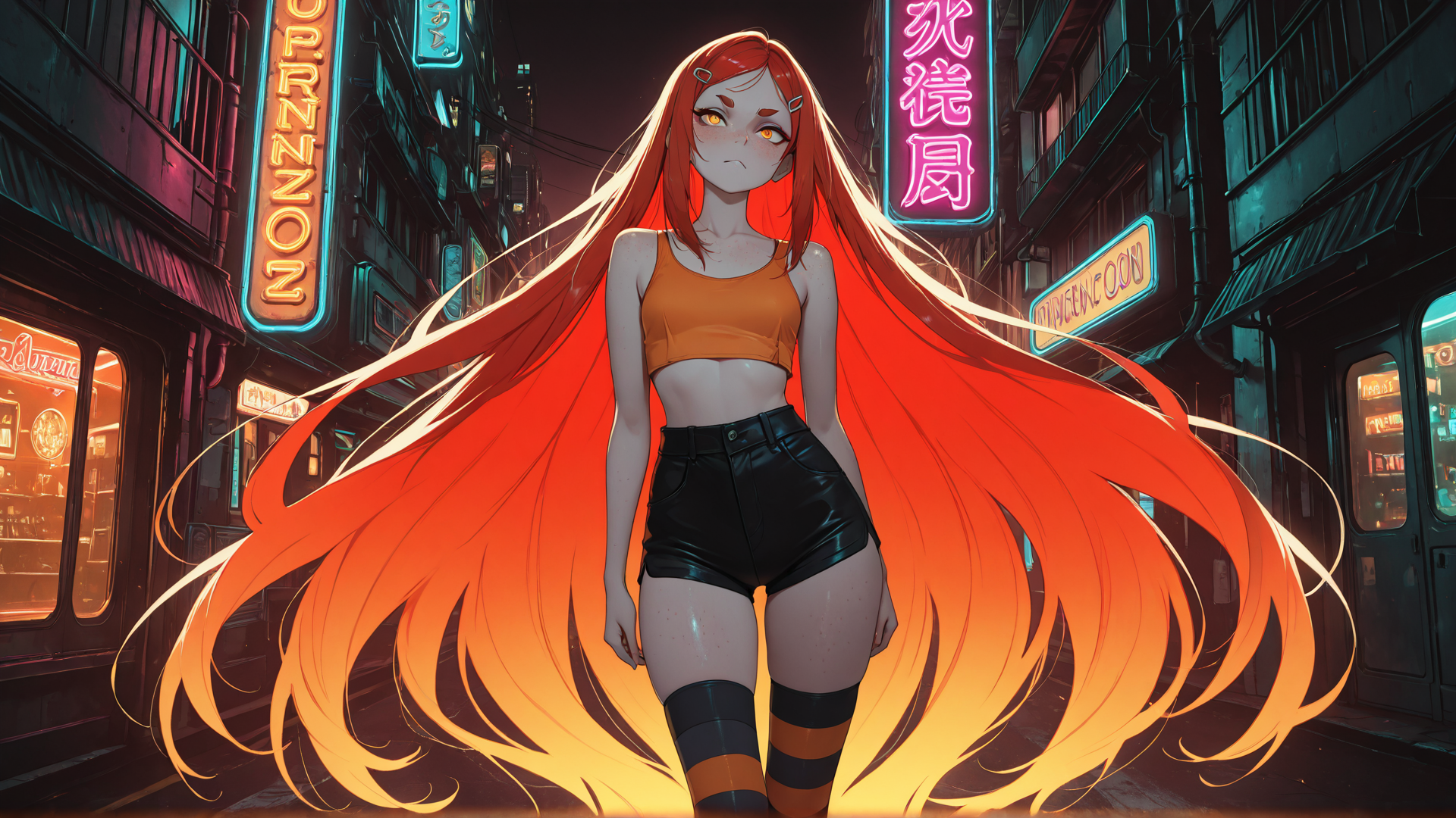 AI generated wallpaper featuring girl, neon, street, city, neon sign