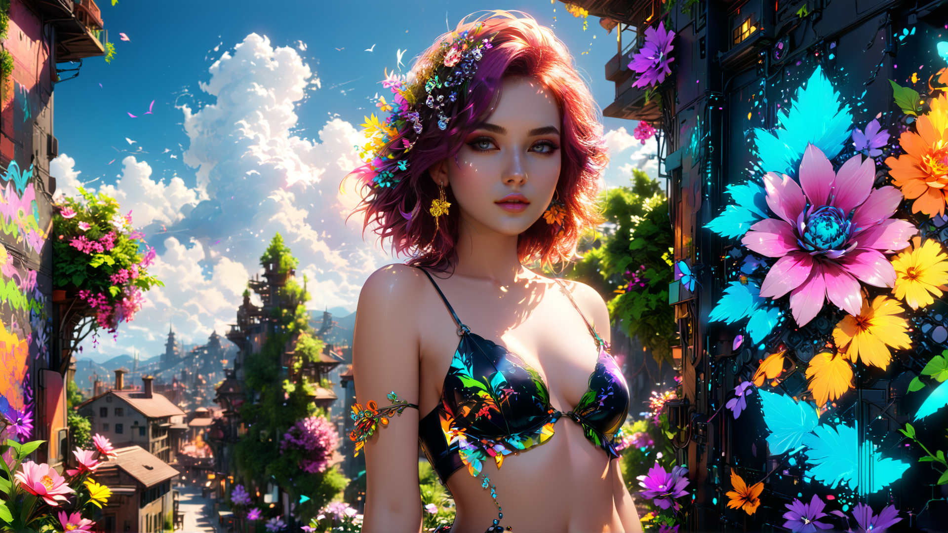 AI generated wallpaper featuring woman, flowers, city