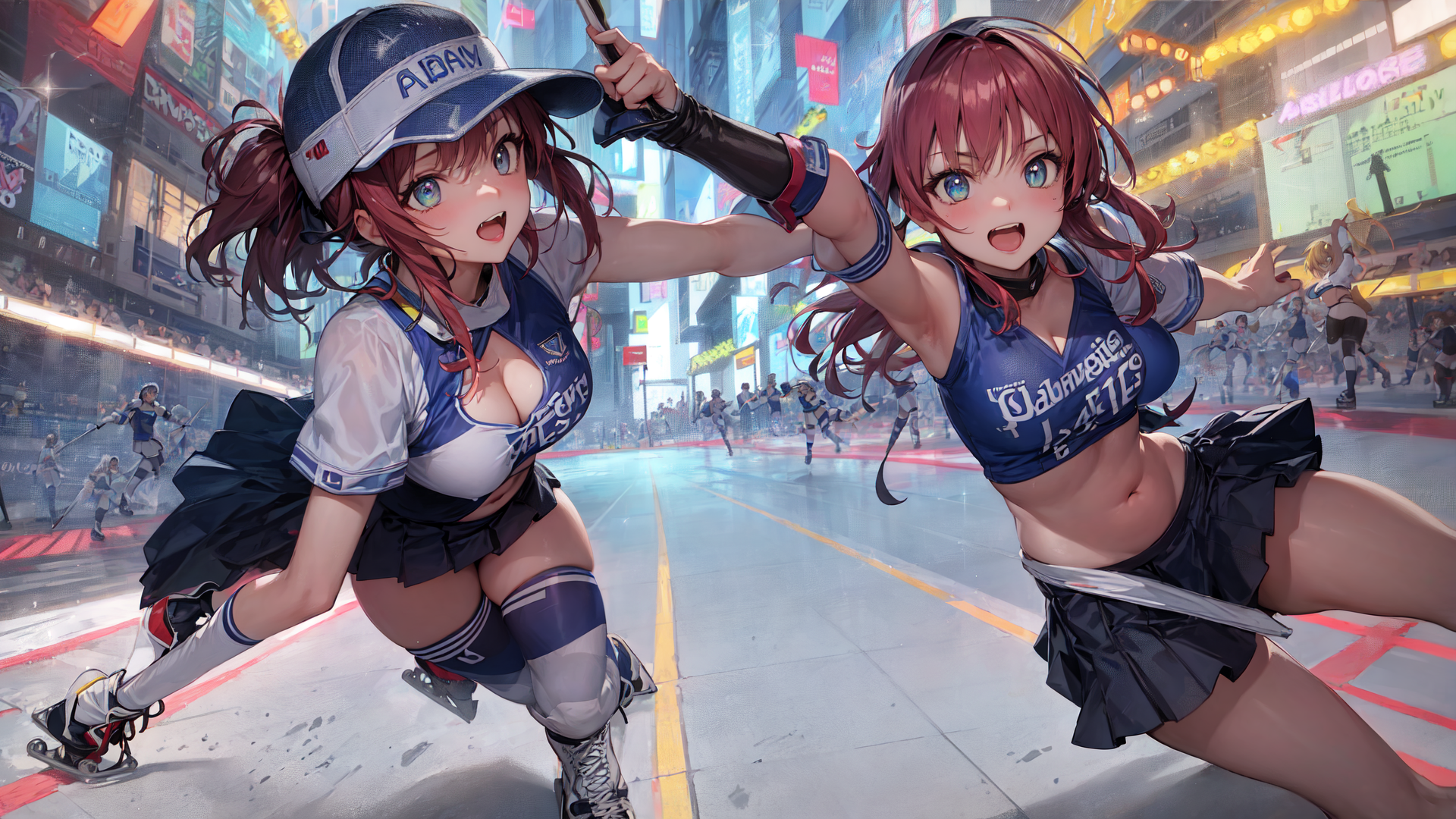 AI generated wallpaper featuring girls, skaters, anime, cheerleaders, swords, city, crowd, sneakers, skates, suits