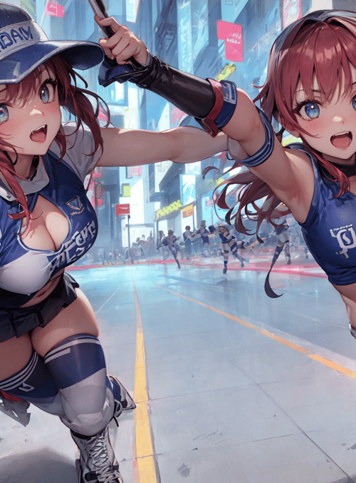 girls, skaters, anime, cheerleaders, swords, city, crowd, sneakers, skates, suits