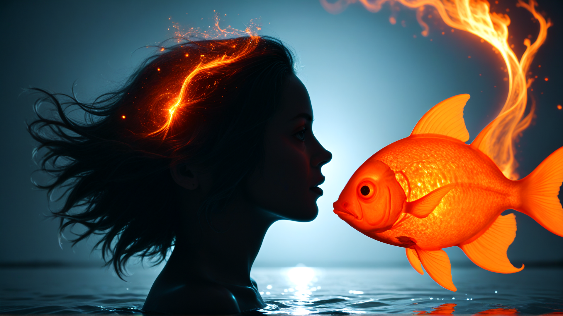 AI generated wallpaper featuring woman, fish, water