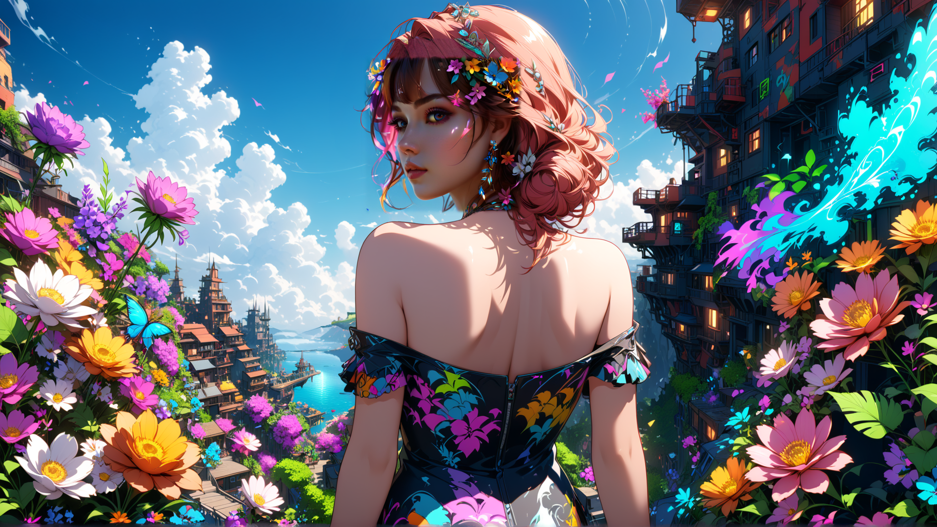 AI generated wallpaper featuring woman, flowers, city