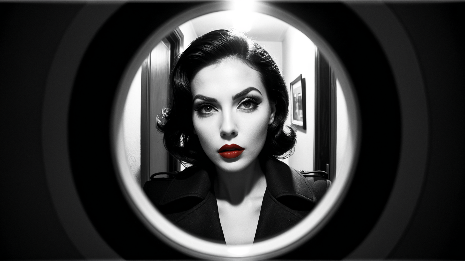 AI generated wallpaper featuring woman, portrait, mirror, corridor, coat, hair