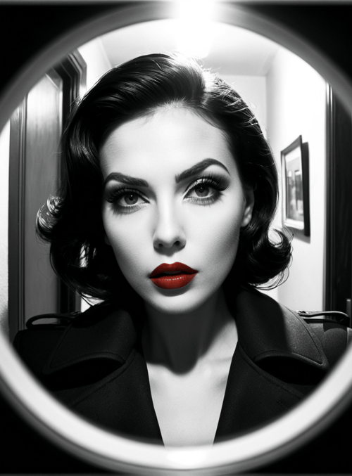 woman, portrait, mirror, corridor, coat, hair