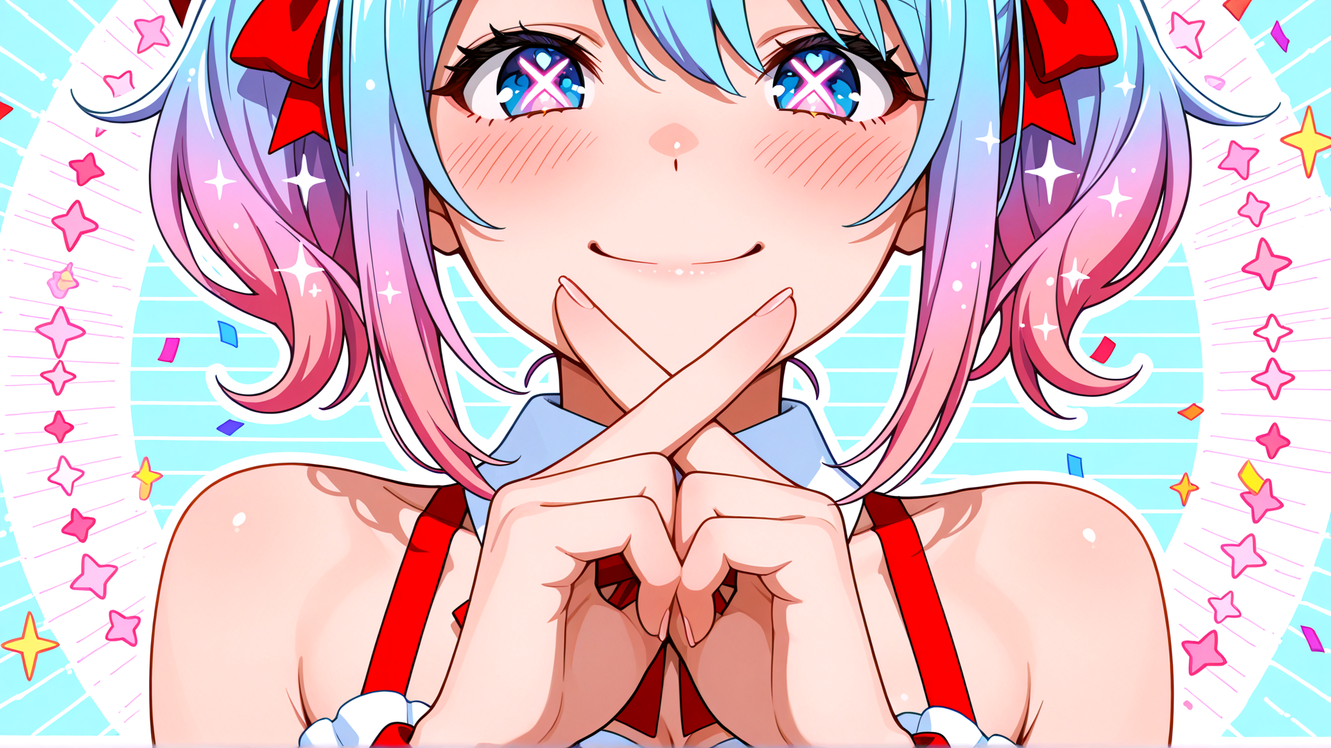 AI generated wallpaper featuring anime girl, blonde, red bow, hand gesture, suspense