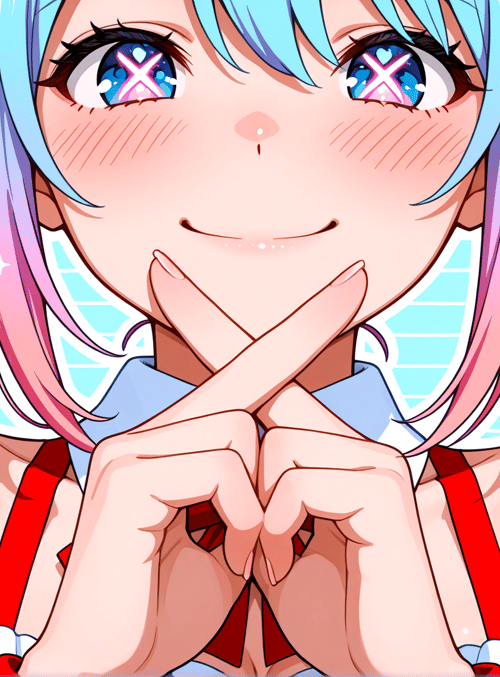 anime girl, blonde, red bow, hand gesture, suspense