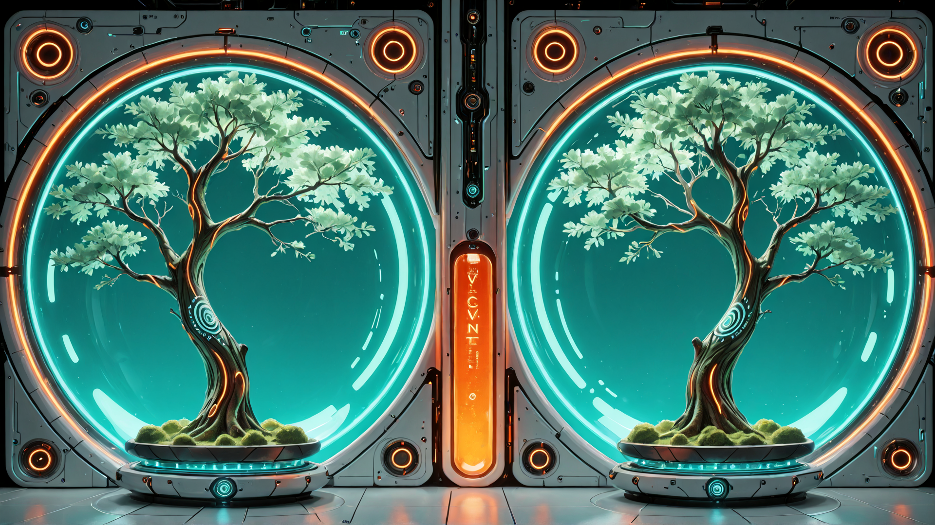 AI generated wallpaper featuring tree, bonsai, cyberpunk, pod, neon, botanical, future, tech, garden, space