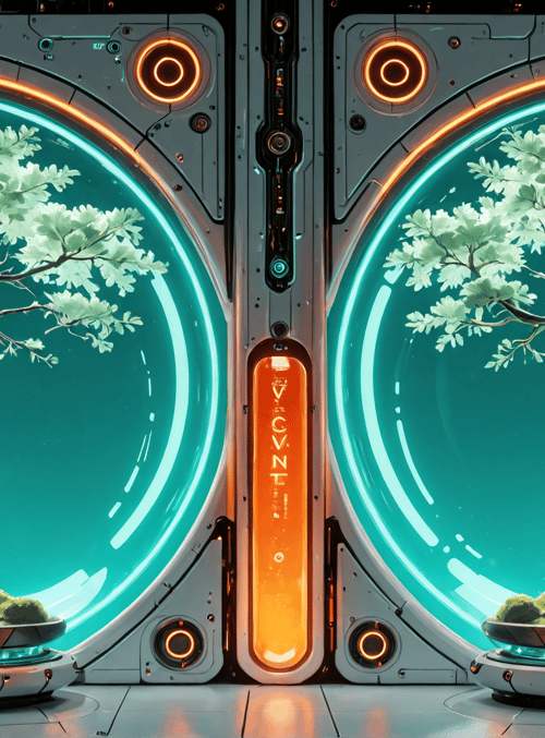 tree, bonsai, cyberpunk, pod, neon, botanical, future, tech, garden, space