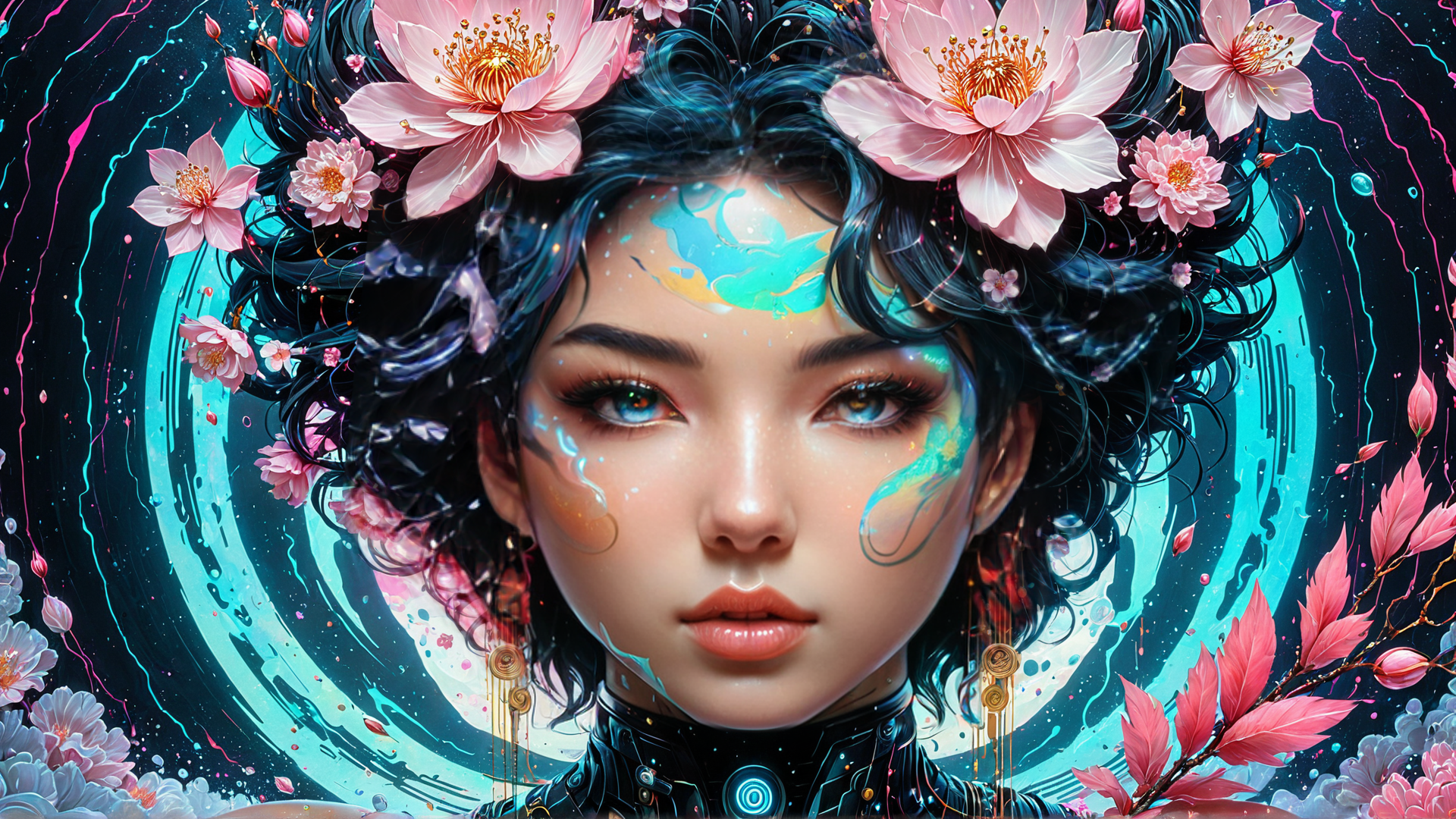 AI generated wallpaper featuring woman, flowers, moon