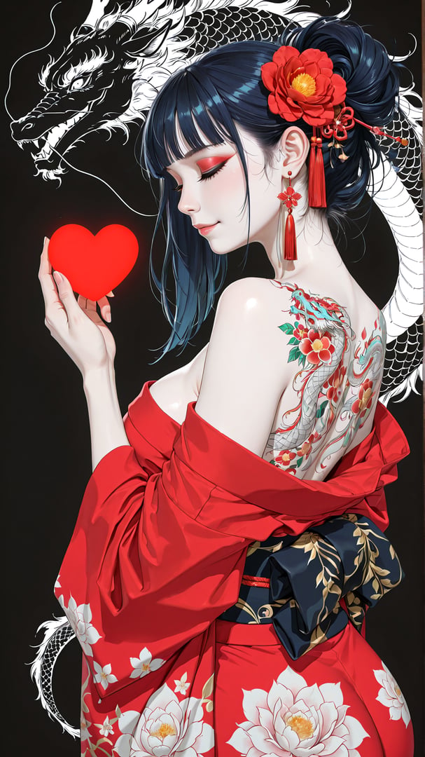 AI generated wallpaper featuring woman, dragon, heart, kimono, tattoo