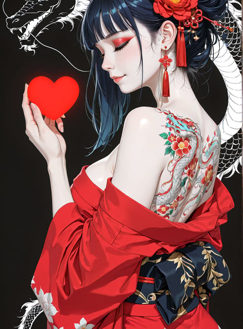 woman, dragon, heart, kimono, tattoo