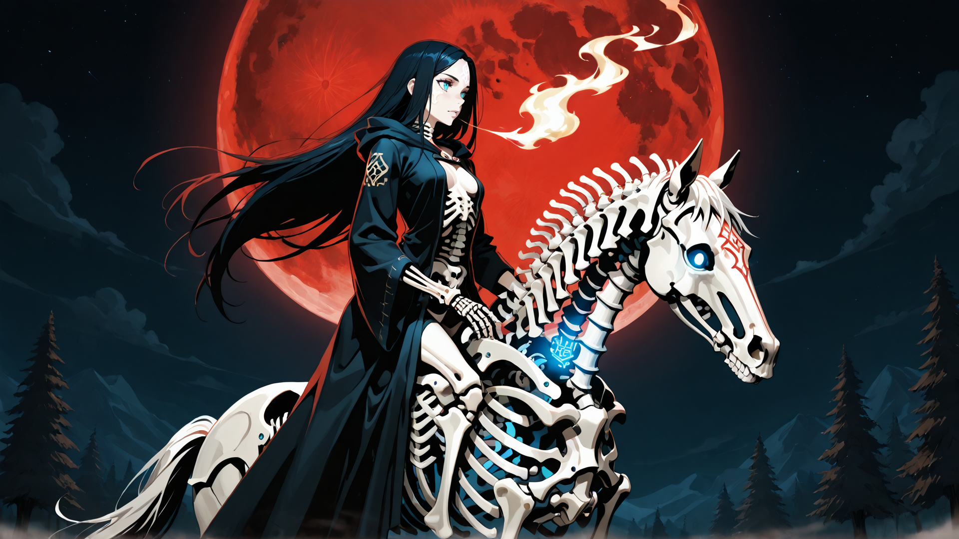 AI generated wallpaper featuring woman, skeleton horse, red moon, long hair, dark cloak, blue eyes
