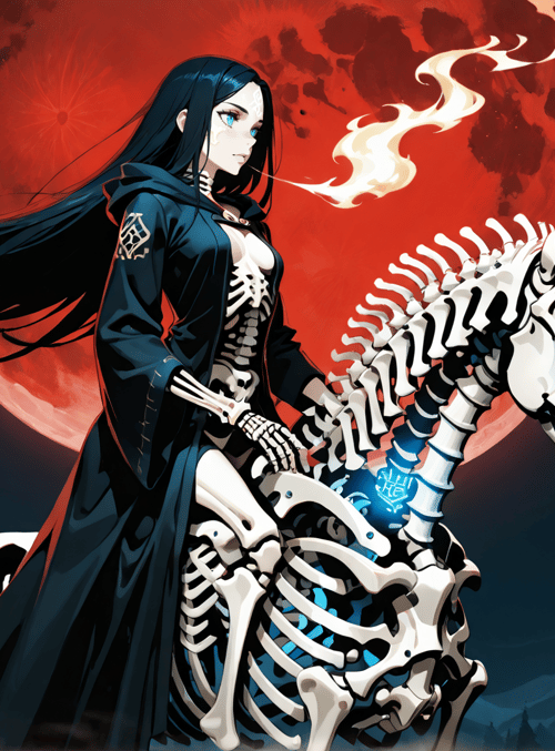 woman, skeleton horse, red moon, long hair, dark cloak, blue eyes