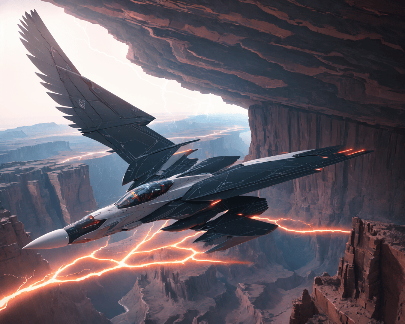 AI generated wallpaper featuring futuristic jet, desert canyon, lightning