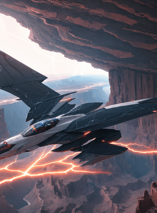 futuristic jet, desert canyon, lightning