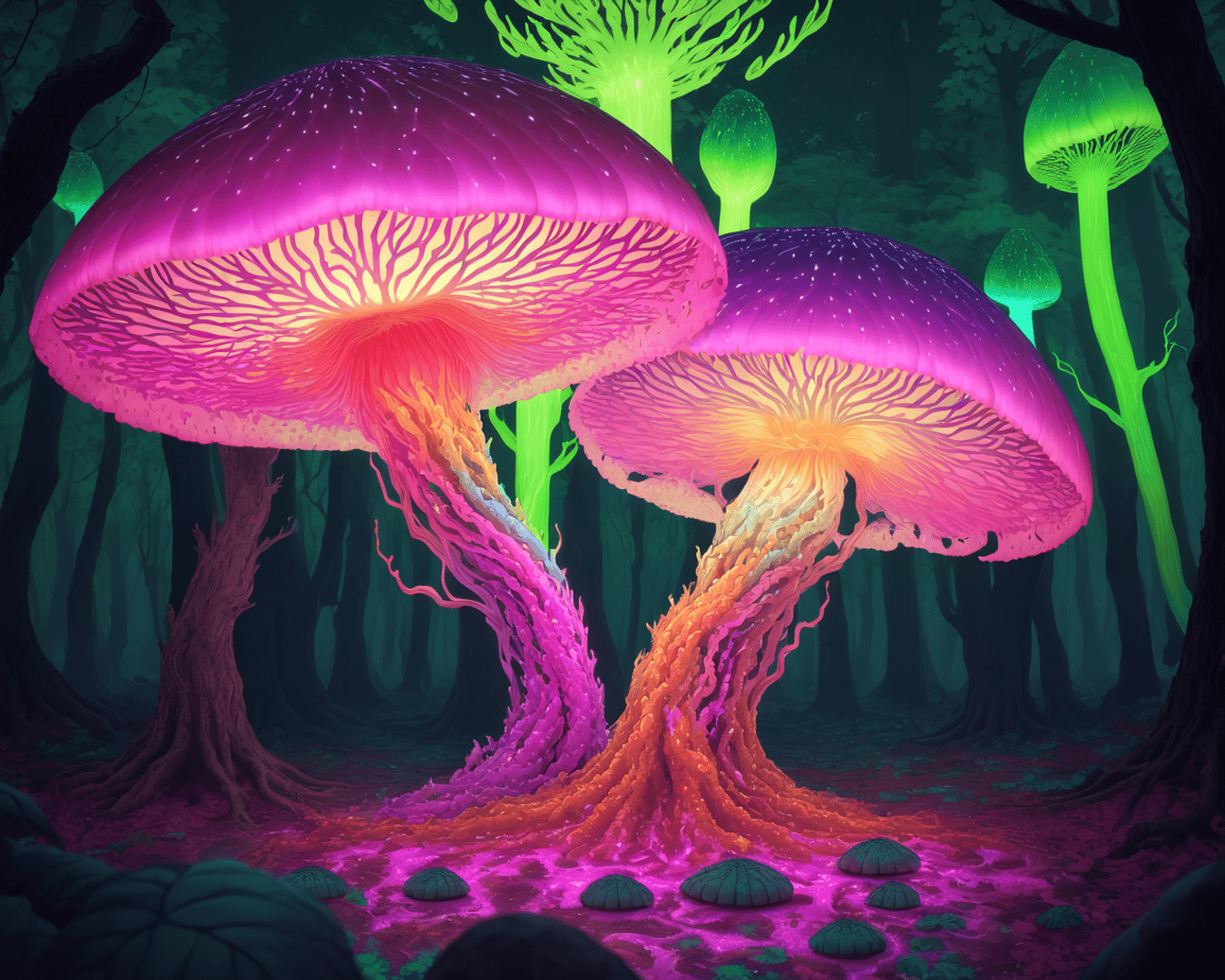 AI generated wallpaper featuring mushroom, forest, giant