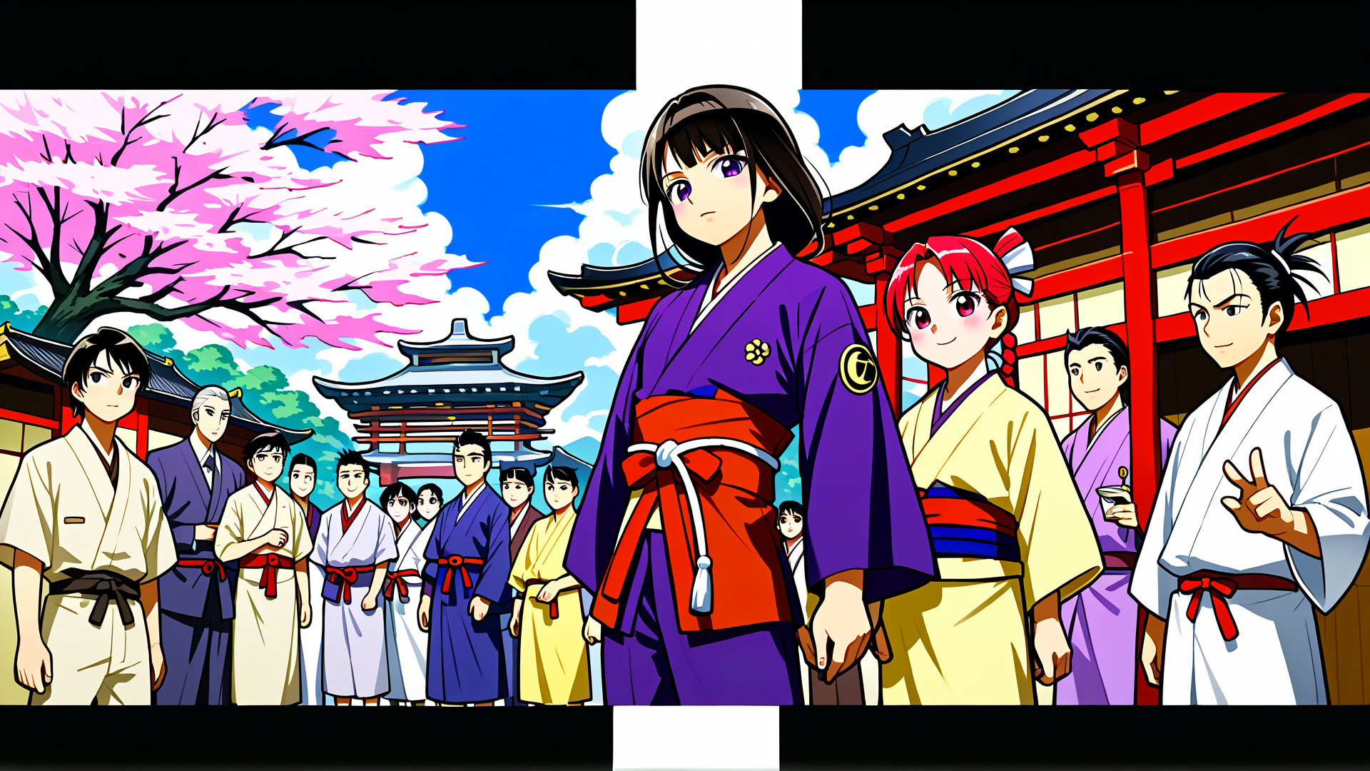 AI generated wallpaper featuring people, kimonos, cherry blossoms, temple, traditional building