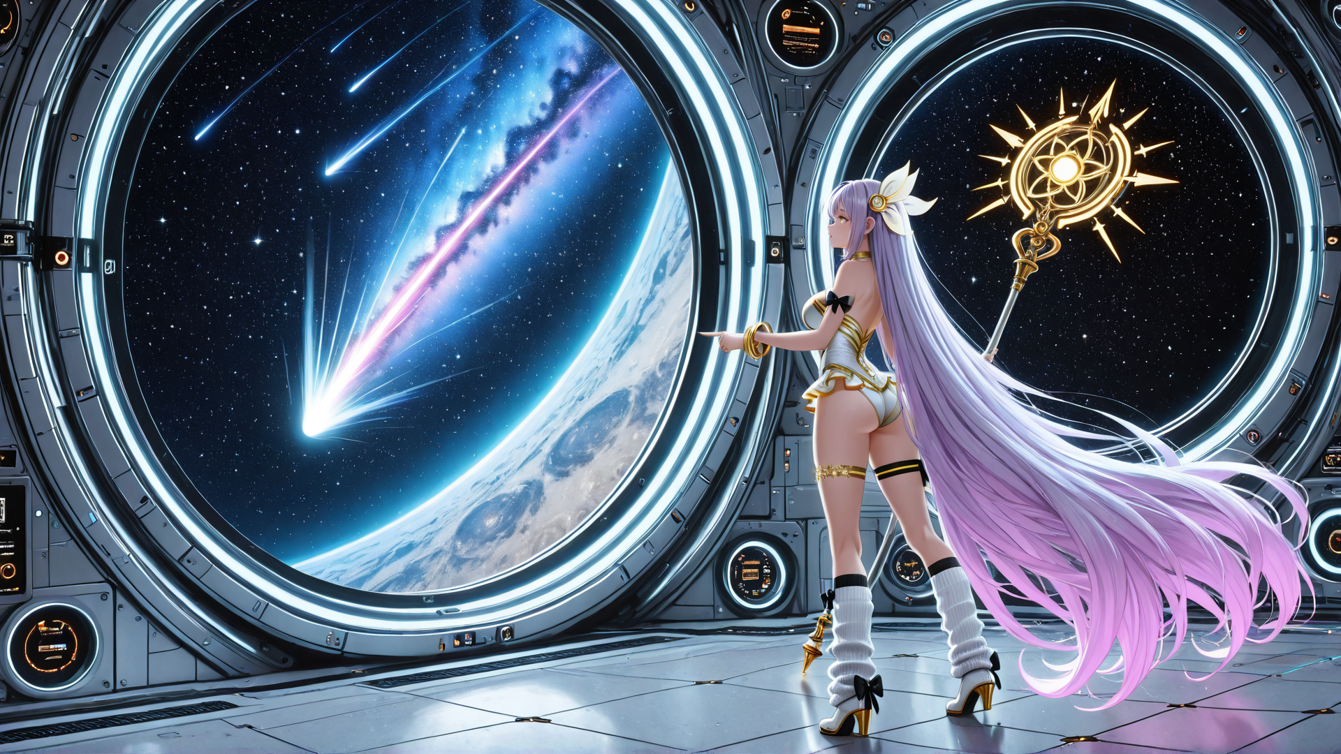 AI generated wallpaper featuring anime girl, space station, magic wand, galaxy, planet, asteroid, comet, rocket, shooting star, star