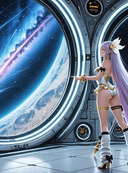 anime girl, space station, magic wand, galaxy, planet, asteroid, comet, rocket, shooting star, star