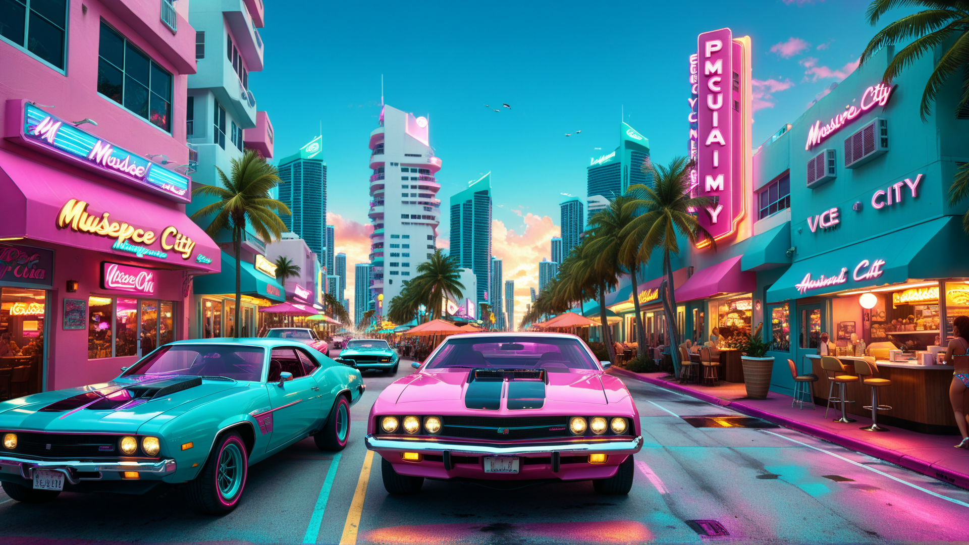 AI generated wallpaper featuring cars, cityscape, neon signs