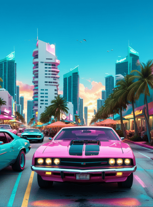 cars, cityscape, neon signs