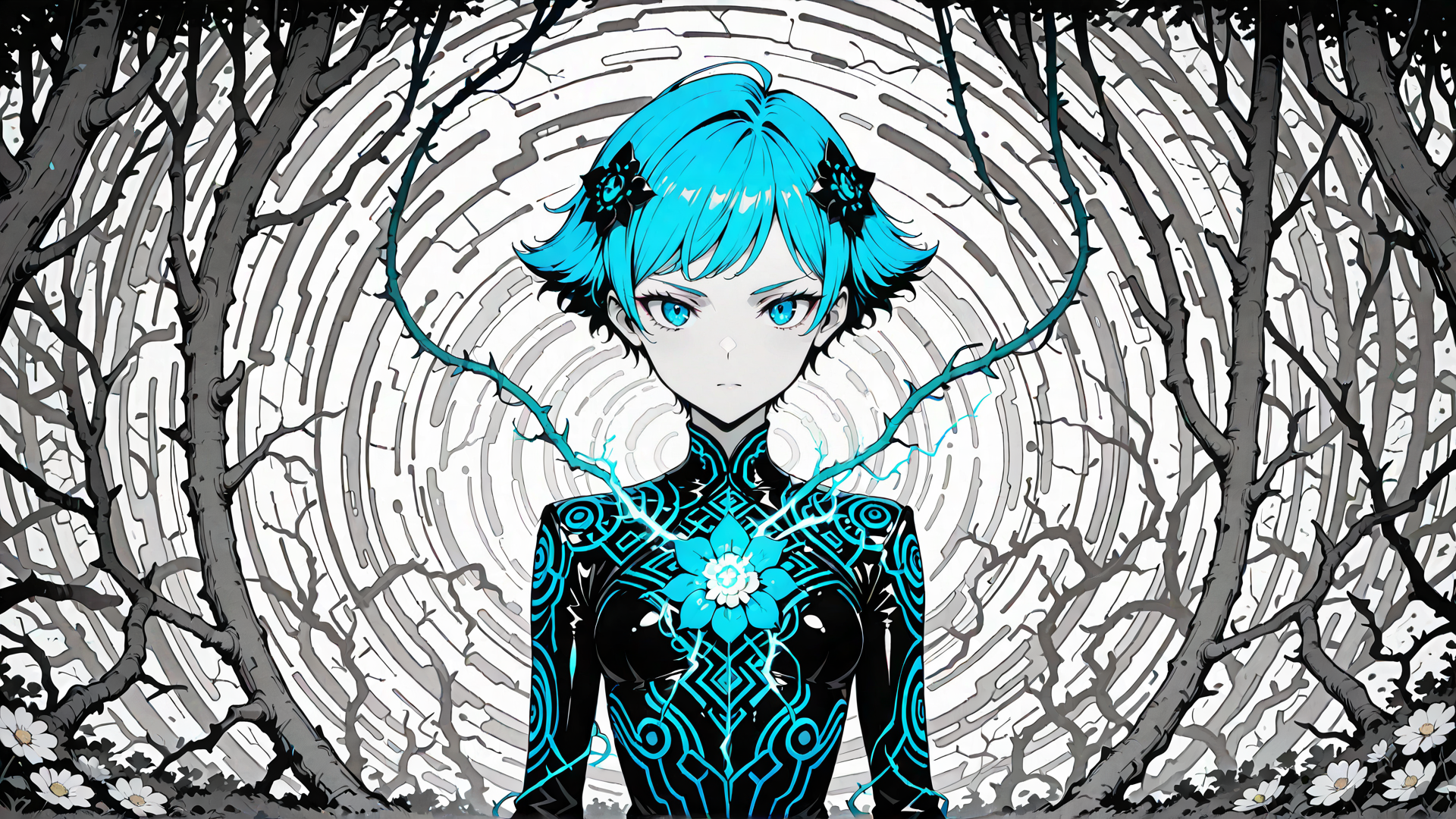 AI generated wallpaper featuring cyberpunk girl, blue hair, thorny branch, black dress, white flower, trees