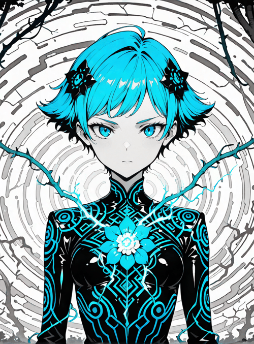 cyberpunk girl, blue hair, thorny branch, black dress, white flower, trees
