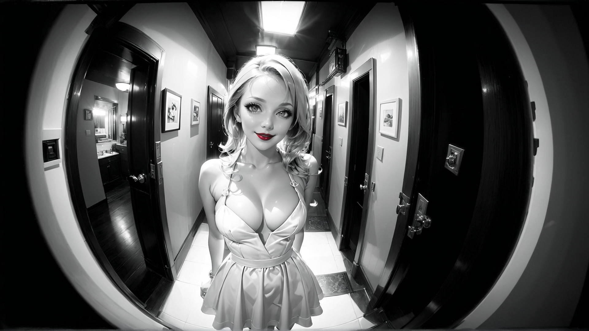 AI generated wallpaper featuring woman, dress, hallway, door, picture