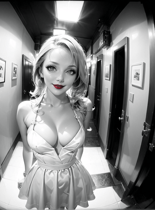 woman, dress, hallway, door, picture