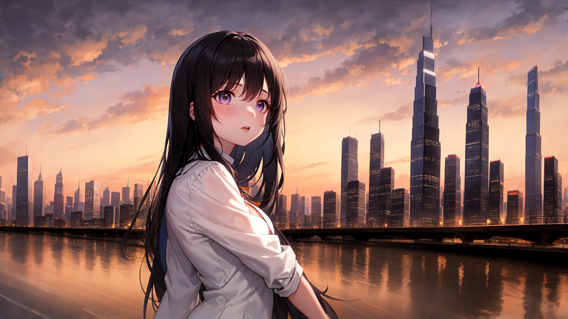 AI generated wallpaper featuring girl, cityscape, river
