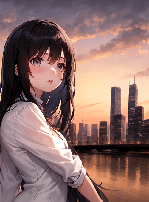 girl, cityscape, river
