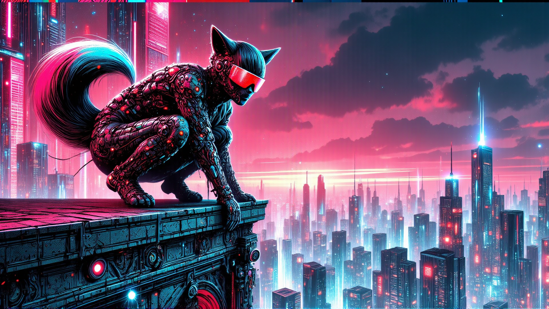 AI generated wallpaper featuring cyborg cat, robot, futuristic city