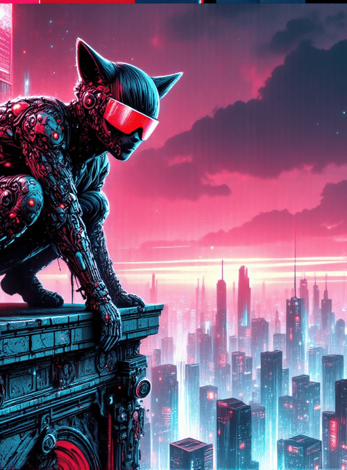 cyborg cat, robot, futuristic city