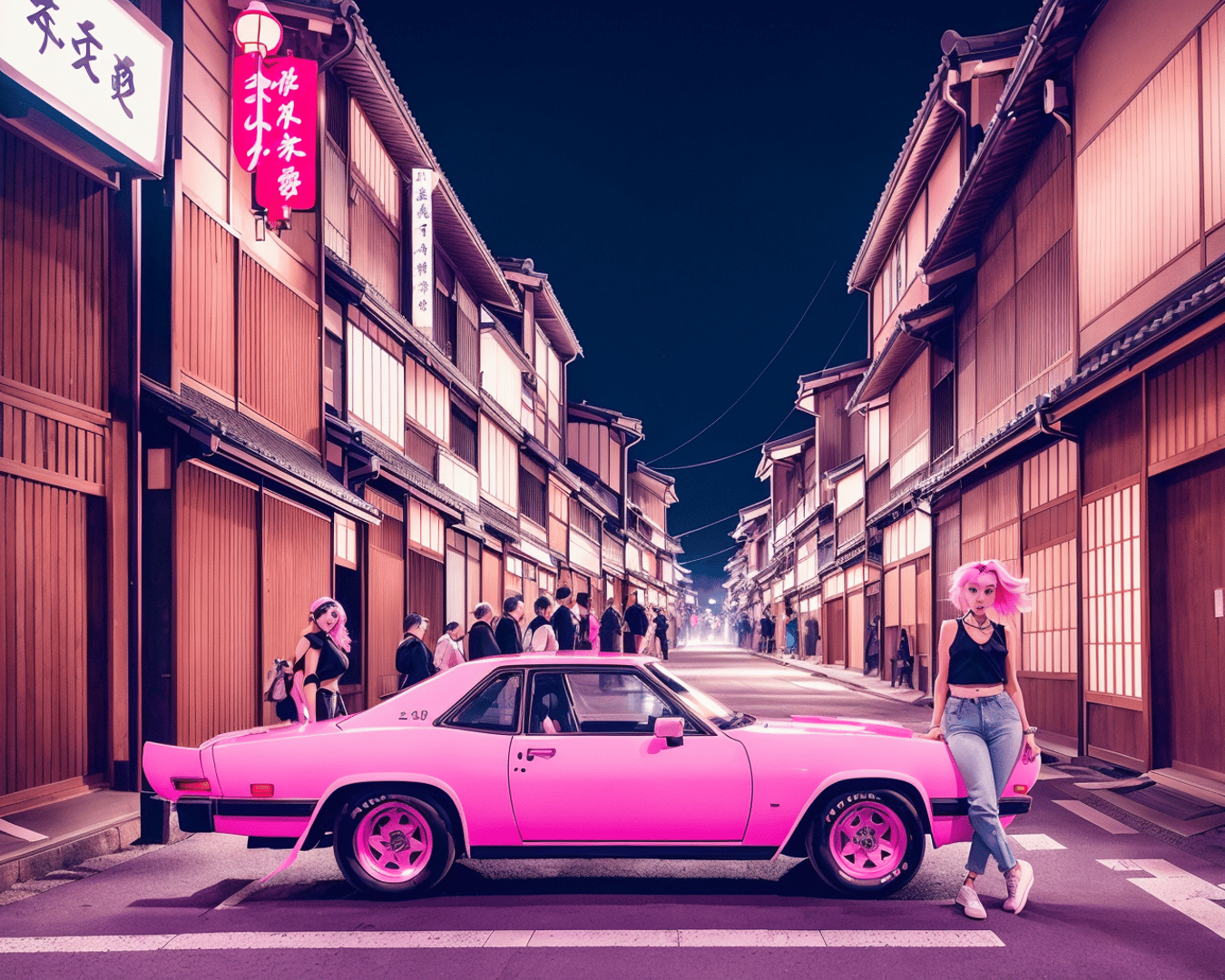 AI generated wallpaper featuring pink car, pink-haired girl, traditional street