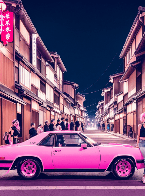 pink car, pink-haired girl, traditional street