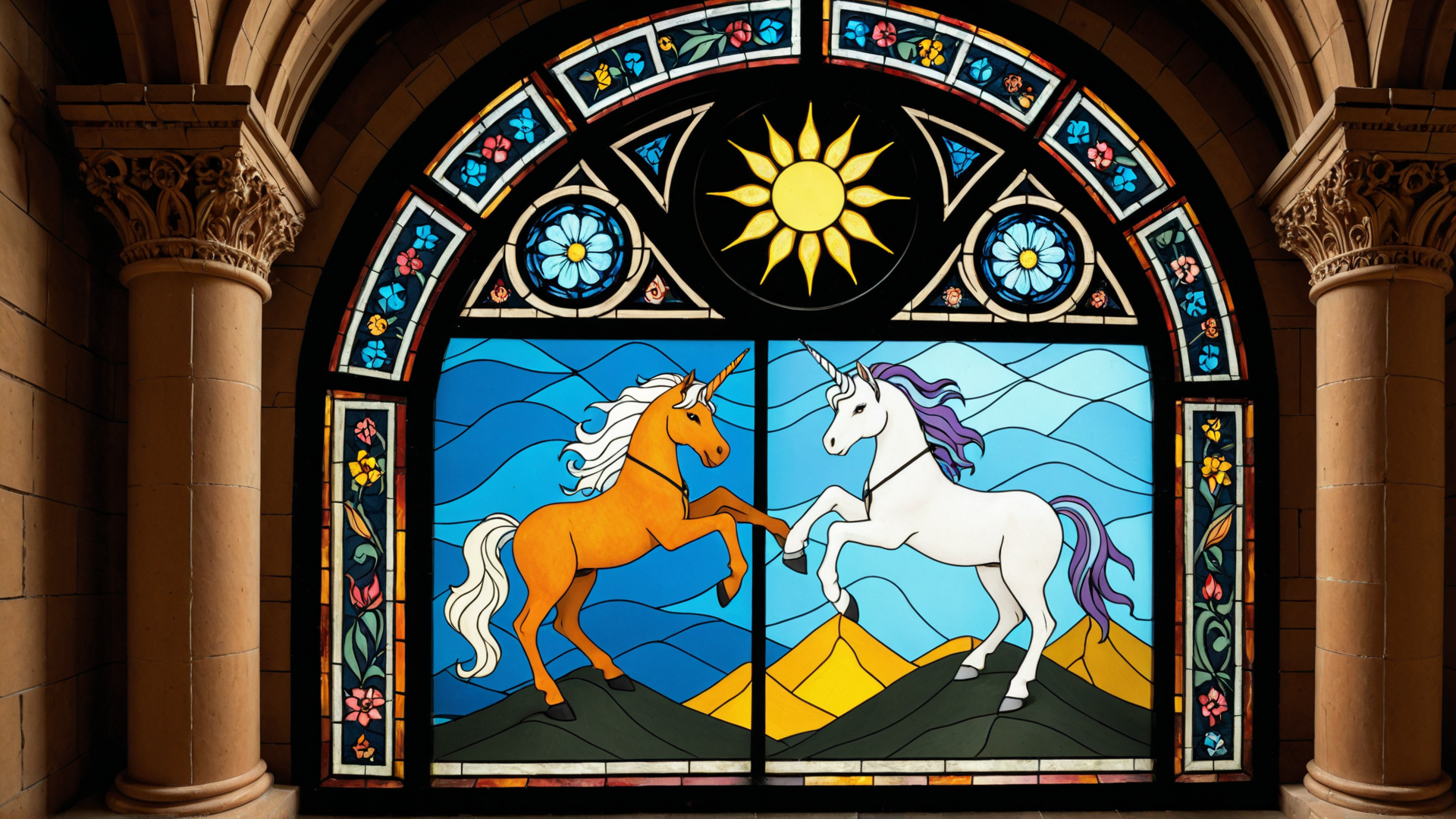 AI generated wallpaper featuring unicorn, sun, flower, window, column, mountain