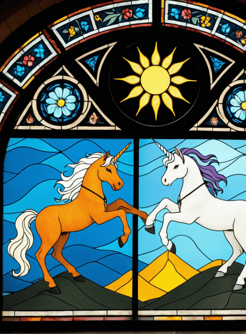 unicorn, sun, flower, window, column, mountain