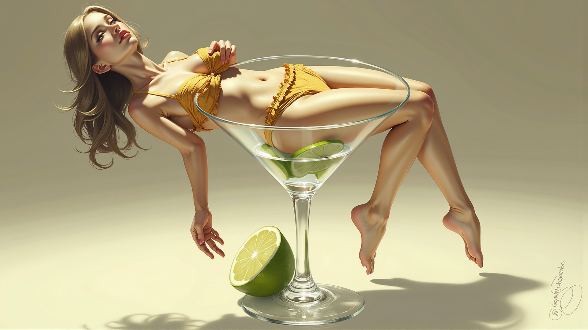 AI generated wallpaper featuring woman, bikini, martini glass, lime, lemon