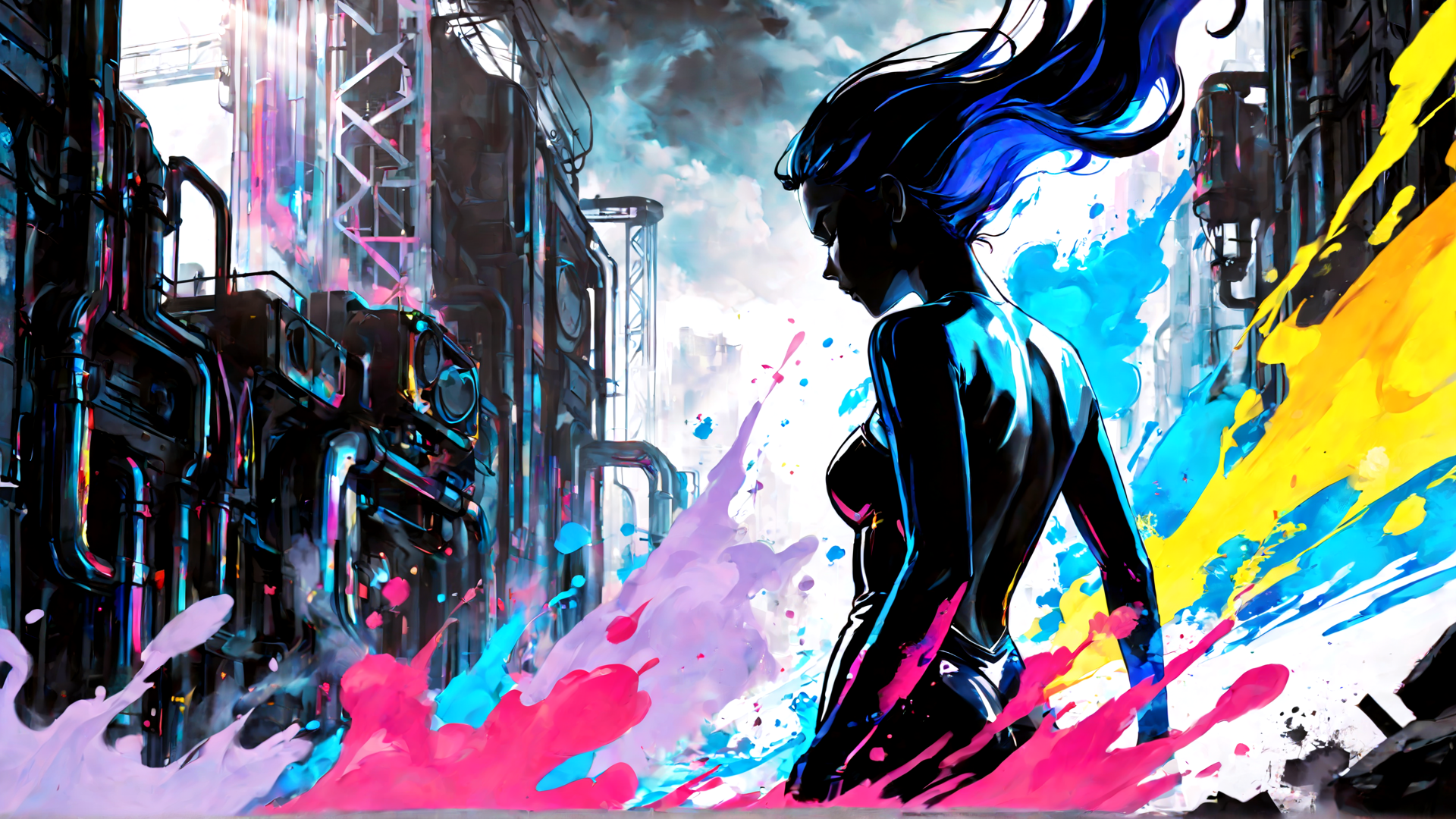 AI generated wallpaper featuring woman, cyberpunk, surreal, silhouette
