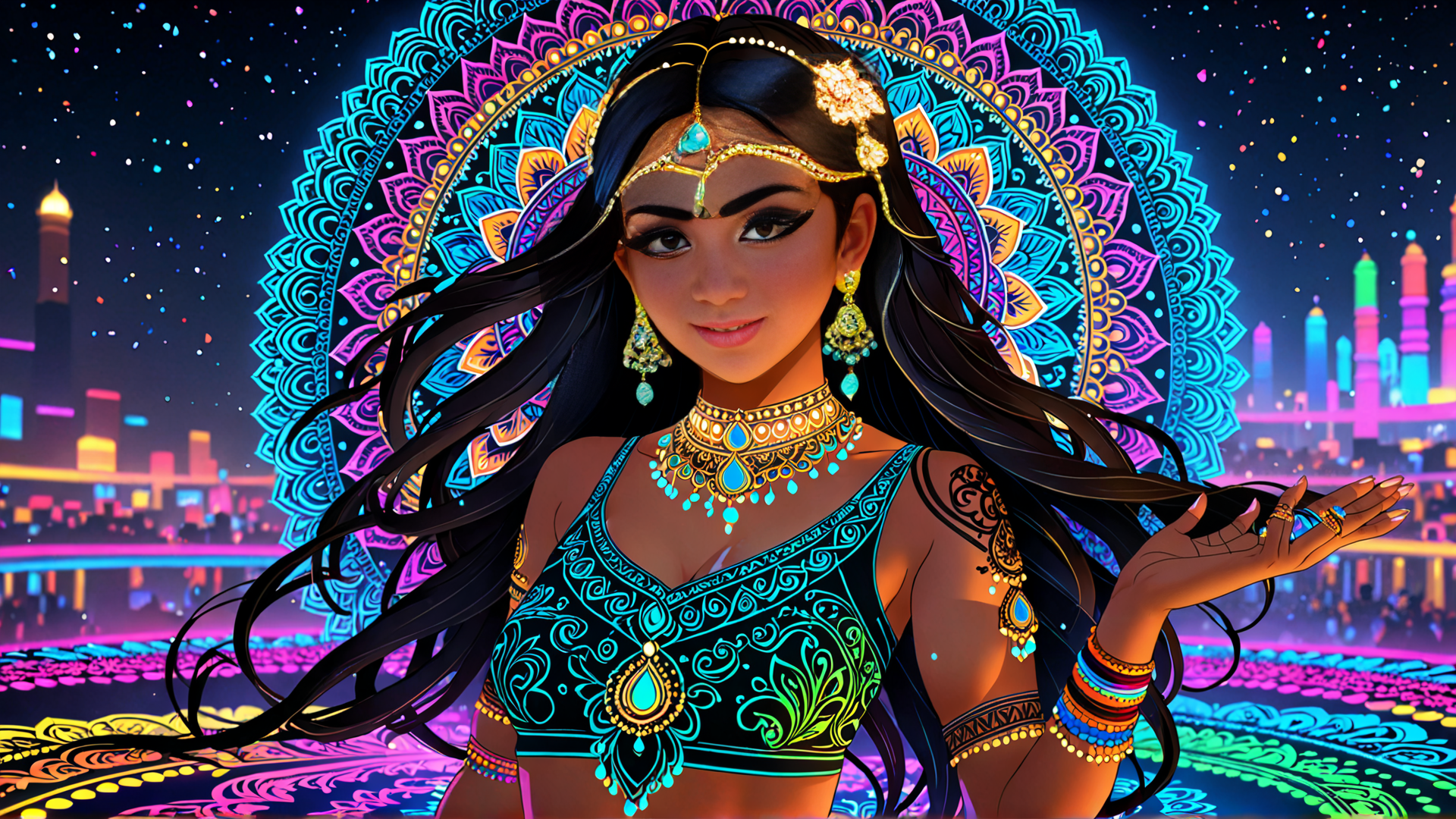 AI generated wallpaper featuring woman, mandala, cityscape