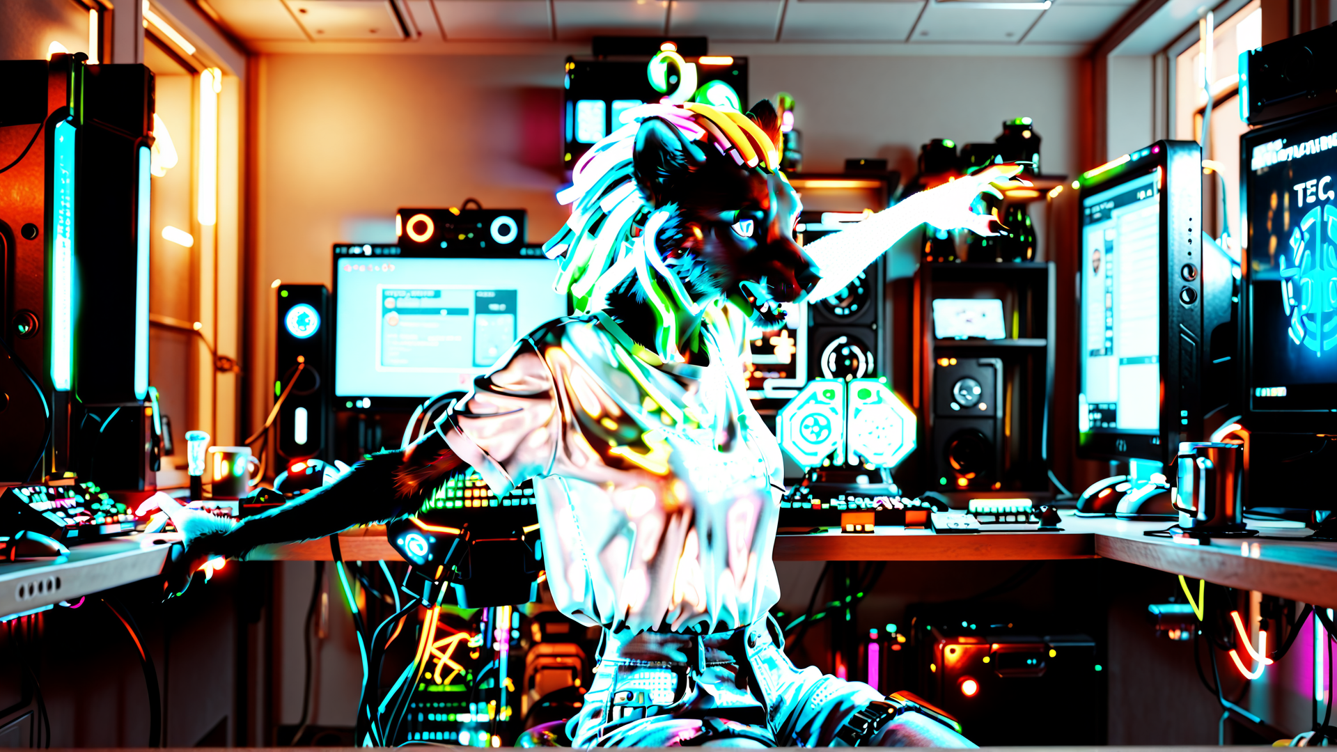 AI generated wallpaper featuring anthropomorphic fox, gamer, computer setup, desk, keyboard, monitor
