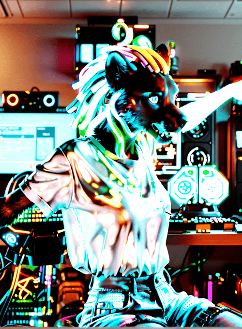 anthropomorphic fox, gamer, computer setup, desk, keyboard, monitor