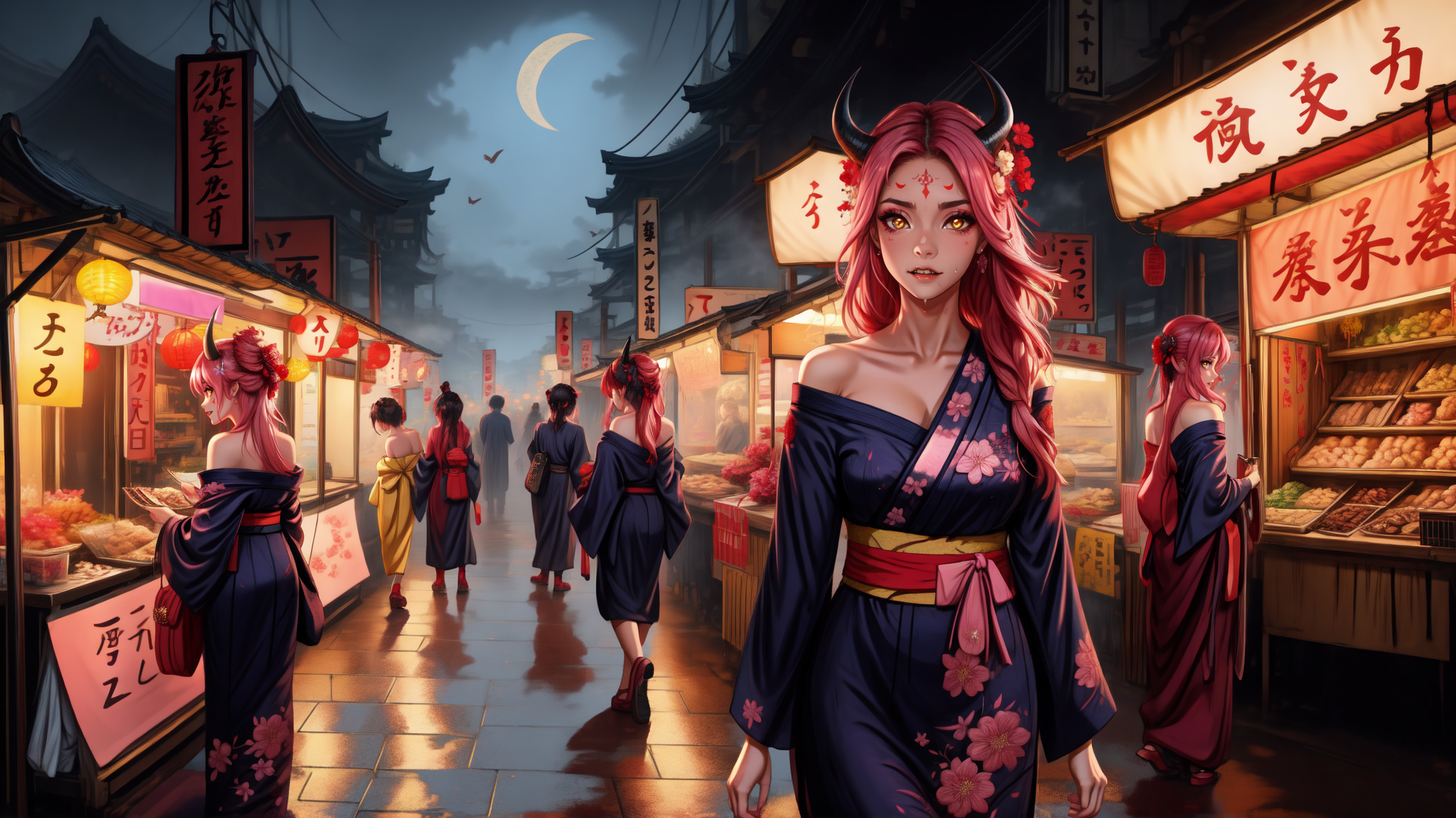 AI generated wallpaper featuring woman, market, ninja, kimono, street, bazaar, shop, vendor, merchant, crescent